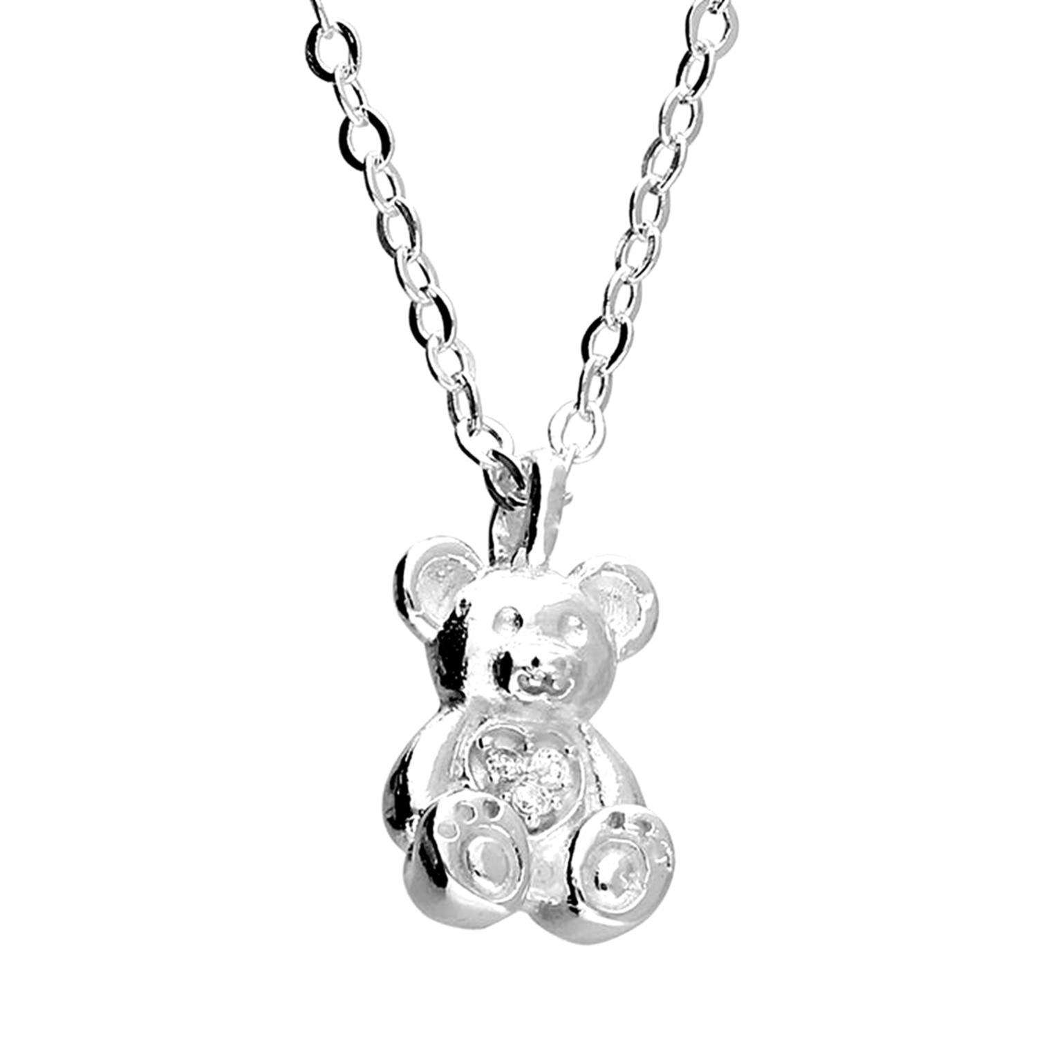 Silver Melchior Jewellery Teddy Bear Necklace pendant with sparkling stone on a delicate chain