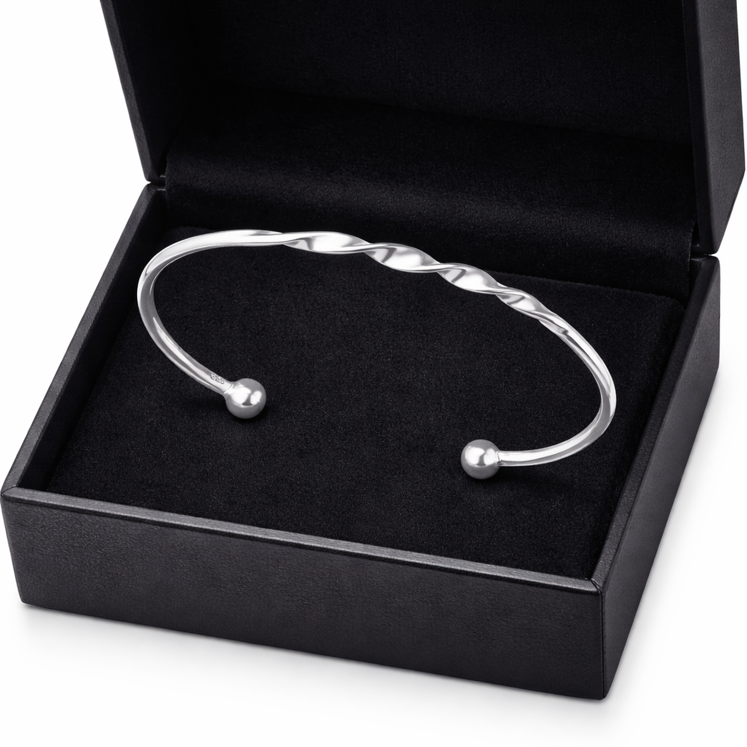 Sterling silver open cuff bangle for women with twisted design in black jewellery box