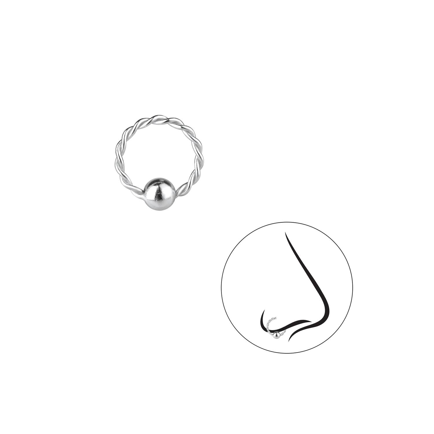 Sterling silver twisted nose ring body jewellery by Melchior Jewellery with a polished ball detail