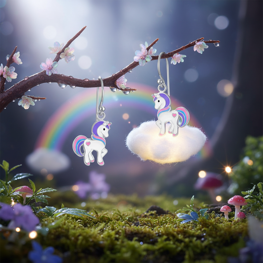 Silver unicorn drop earrings for girls hanging on a flowering branch with a rainbow background