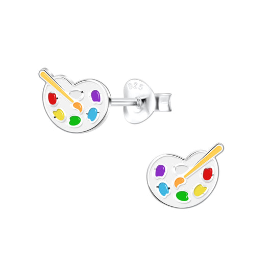 Melchior Jewellery childrens white paint palette stud earrings with colourful enamel paint dabs and brush