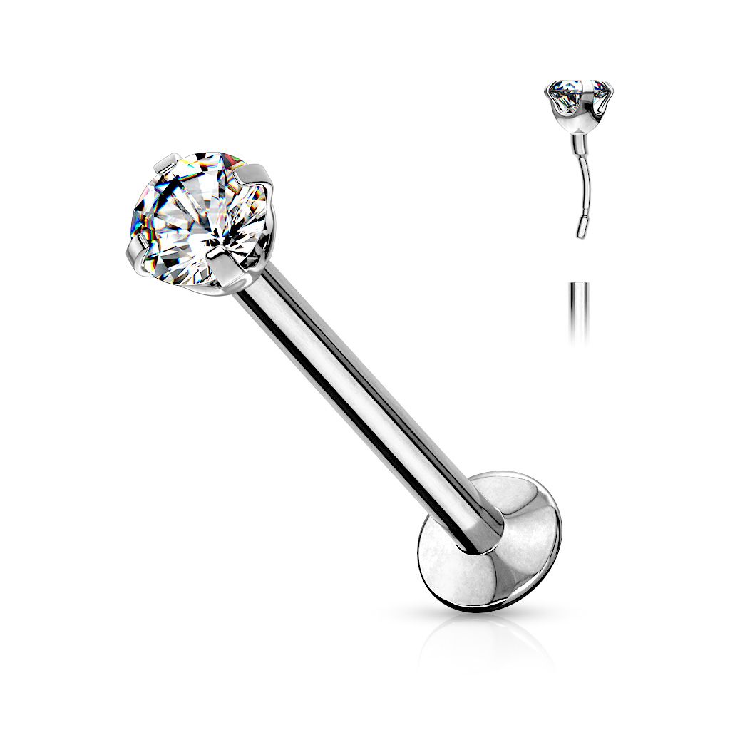 Melchior Jewellery steel labret with cubic zirconia top polished stainless steel flat back for lip and ear piercings