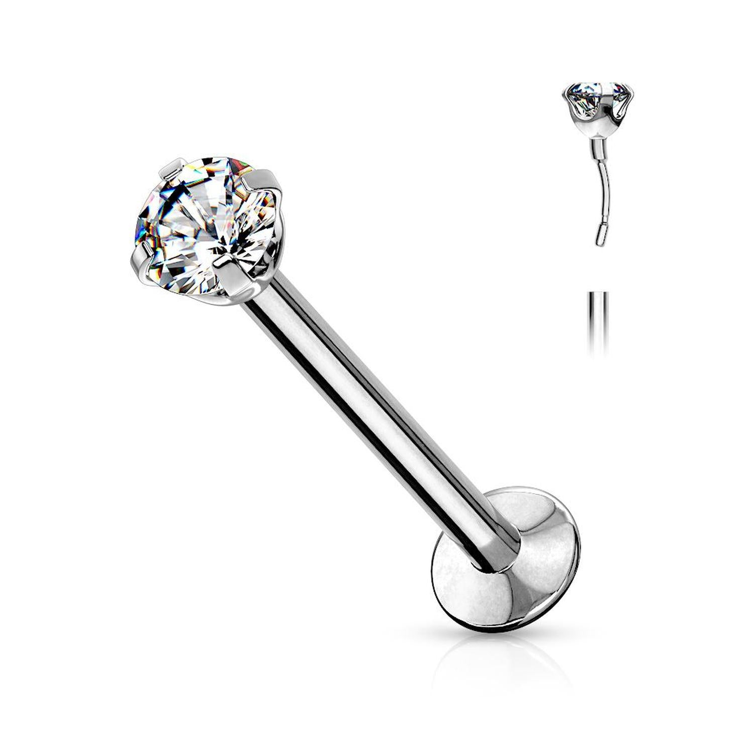 Melchior Jewellery steel labret with cubic zirconia top polished stainless steel flat back for lip and ear piercings