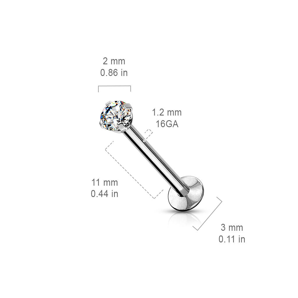 Melchior Jewellery steel labret with cubic zirconia top 11 mm stainless stud 2 mm gem 3 mm disc