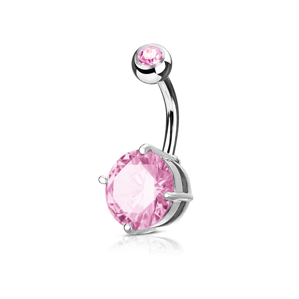 Melchior Jewellery sterling silver belly button piercing with large pink crystal in prong setting curved barbell