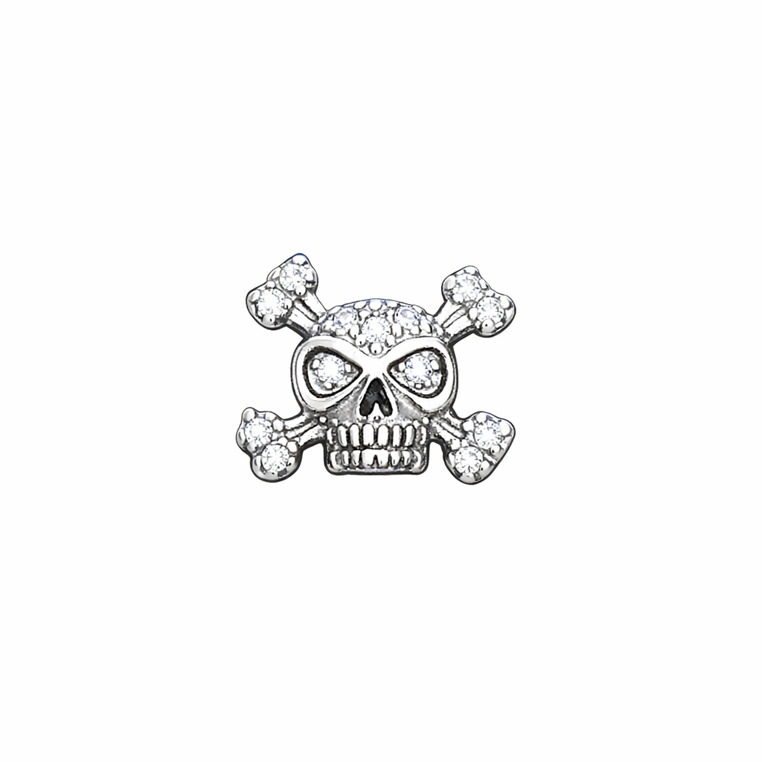 Mens silver skull stud earring with detailed crossbones and clear sparkling stones by Melchior Jewellery