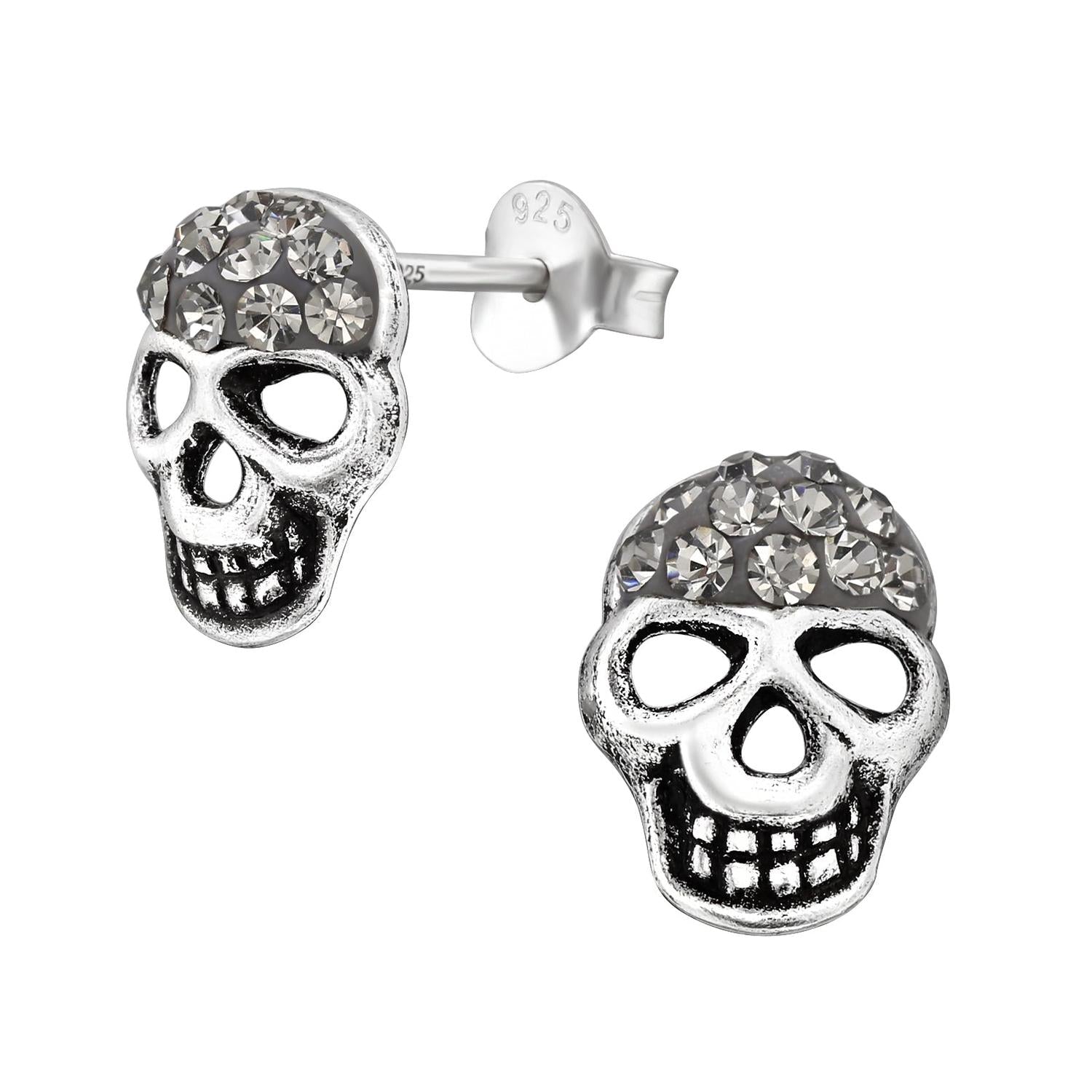 Sterling silver skull earrings with crystal detailing by Melchior Jewellery in silver colour for unisex