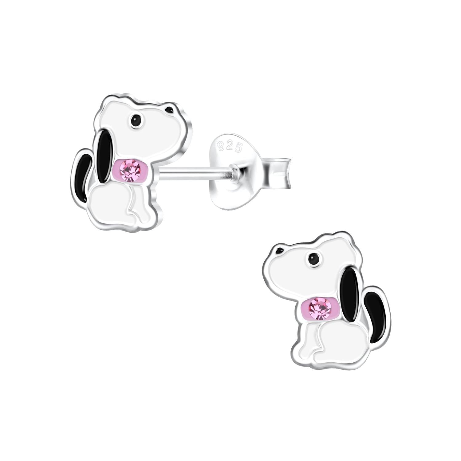 Melchior Jewellery girls dog stud earrings in silver with black enamel ears and pink gemstone collar