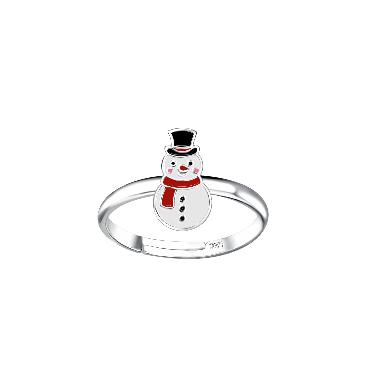 Sterling silver girls snowman ring with black hat and red scarf by Melchior Jewellery for children