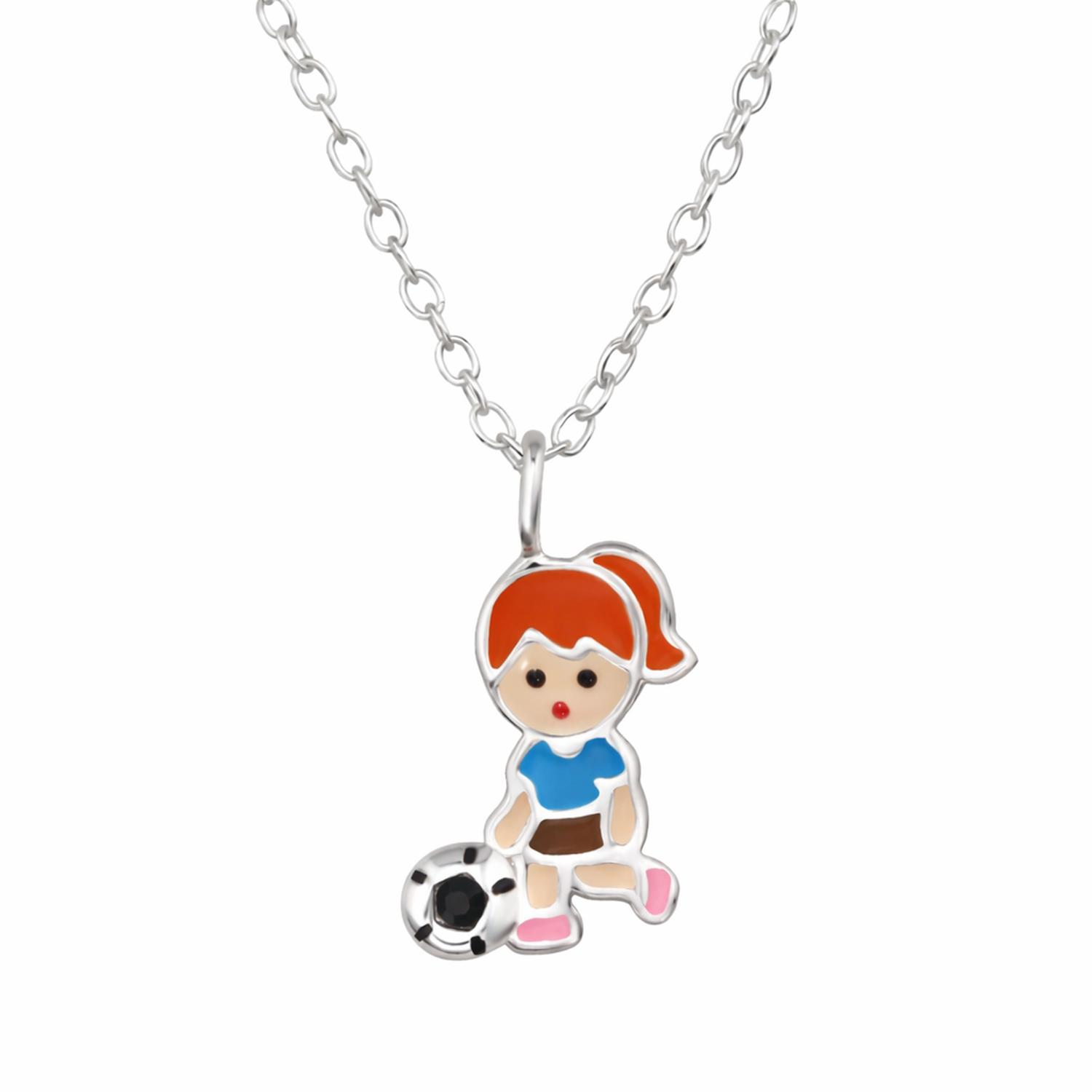 sterling silver girls football pendant jewellery with enamel red hair blue top and black white ball