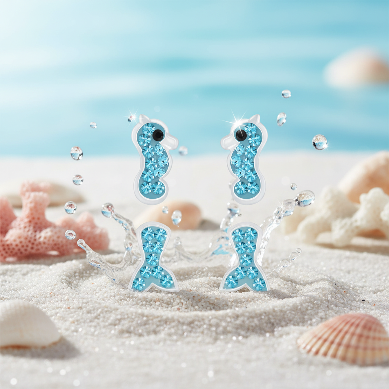 Melchior Jewellery sterling silver sea life earrings for children with blue crystal seahorse and fish designs