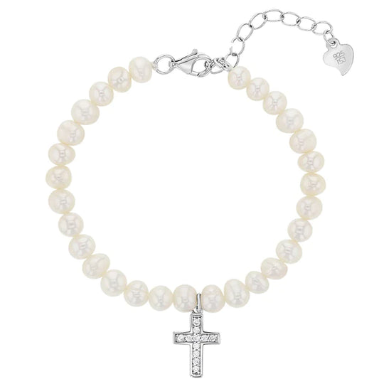 Sterling Silver Cultured Pearl with Cross Baby / Toddler Bracelet - Melchior Jewellery