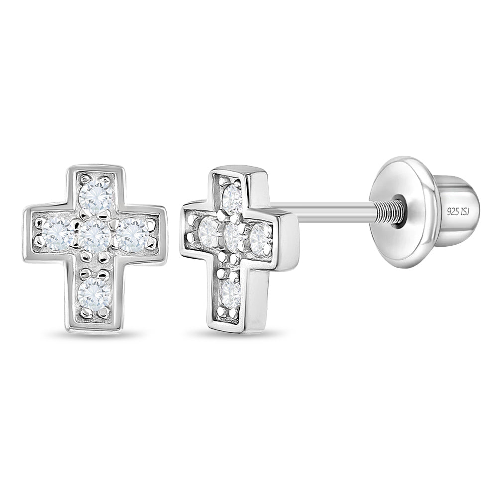 Sterling Silver Girls CZ Cross Screw Back Earrings - Melchior Jewellery