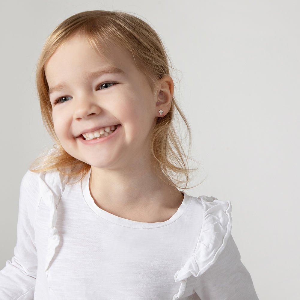 Sterling Silver Girls CZ Cross Screw Back Earrings - Melchior Jewellery