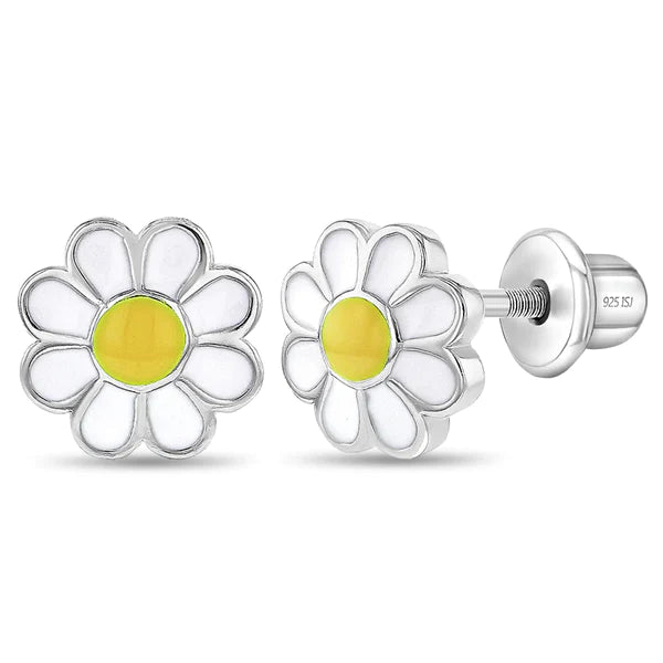 Sterling Silver Daisy Screw Back Girls Earrings