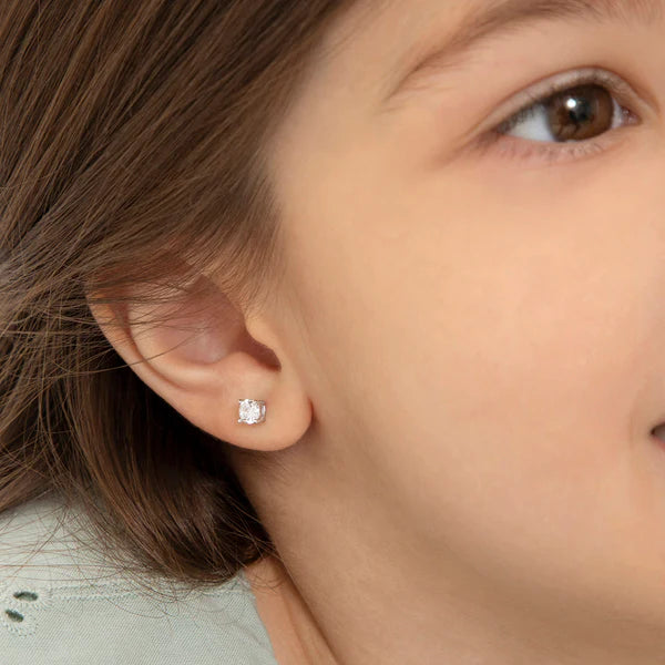 Sterling Silver Classic Round Solitaire Girls Screw Back Earrings