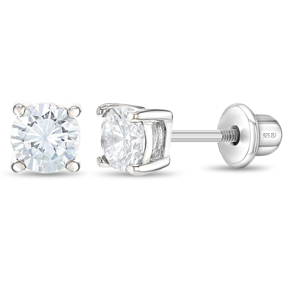 Sterling Silver Classic Round Solitaire Girls Screw Back Earrings