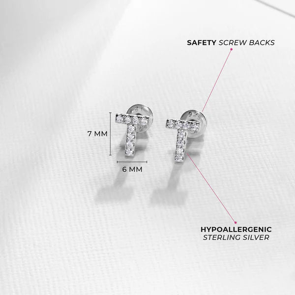 Girl's Sterling Silver Letter Initial T Screw Back Earrings - Melchior Jewellery