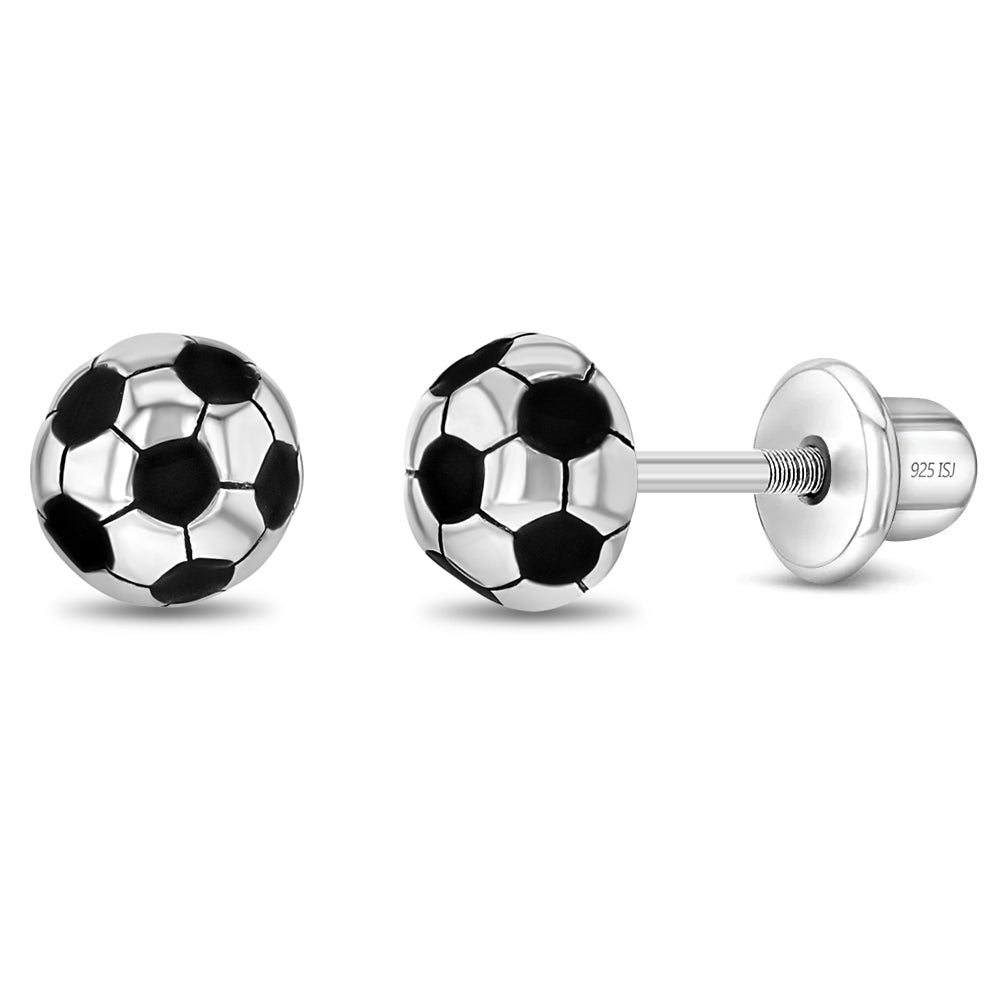 Sterling Silver Girls Football Screw Back Earrings