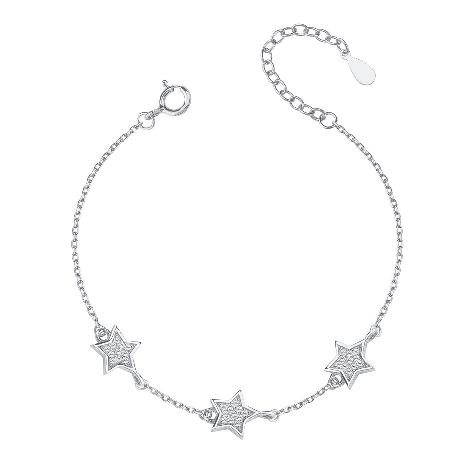 sterling silver star bracelet with three star charms and adjustable chain for women by Melchior Jewellery