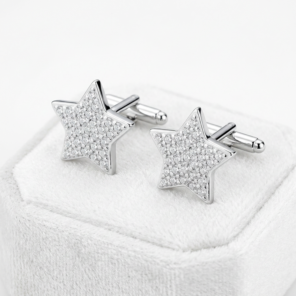 Melchior Jewellery sterling silver star stud earrings with sparkling crystal detailing on white display