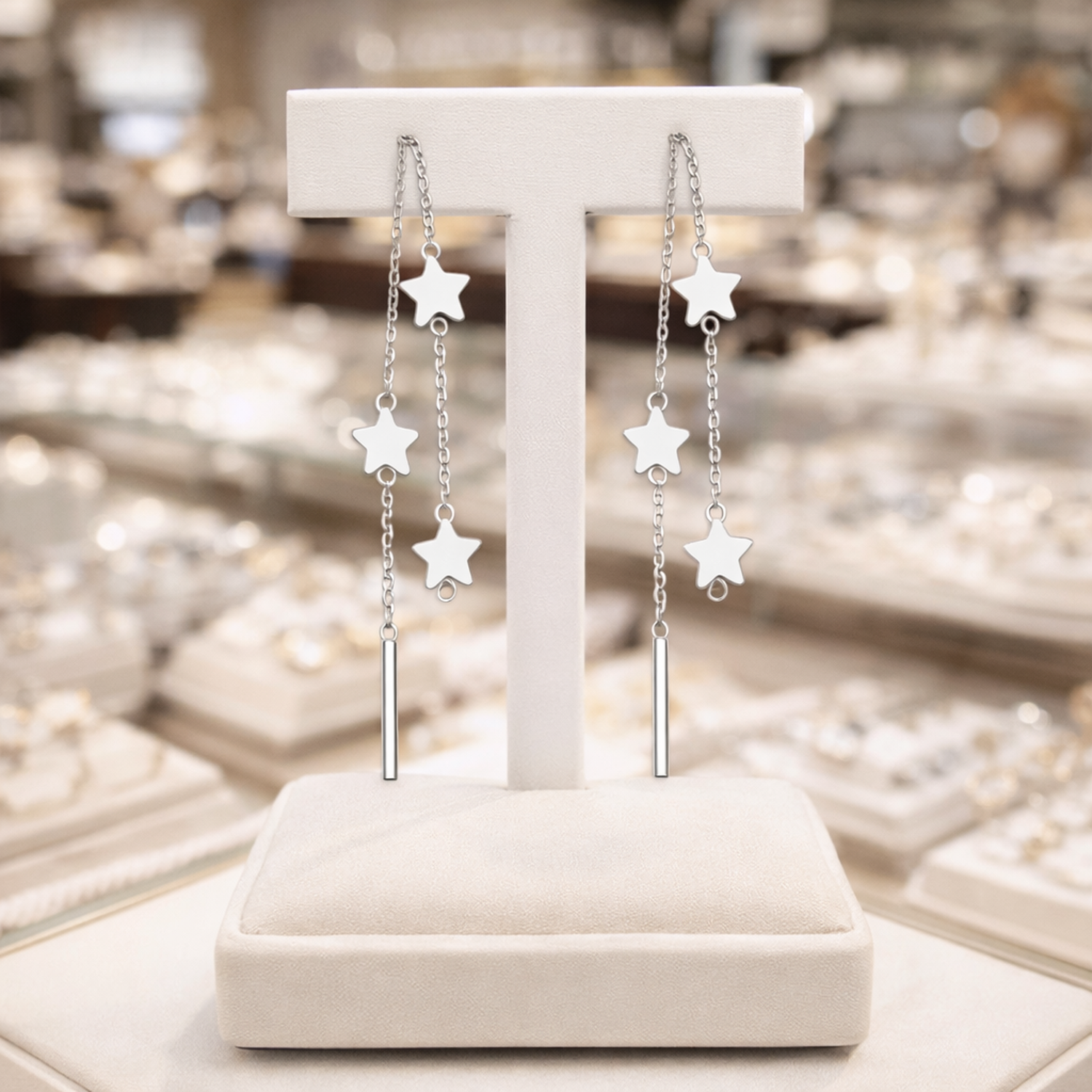 Melchior Jewellery sterling silver star threader earrings with dangling star charms on display stand