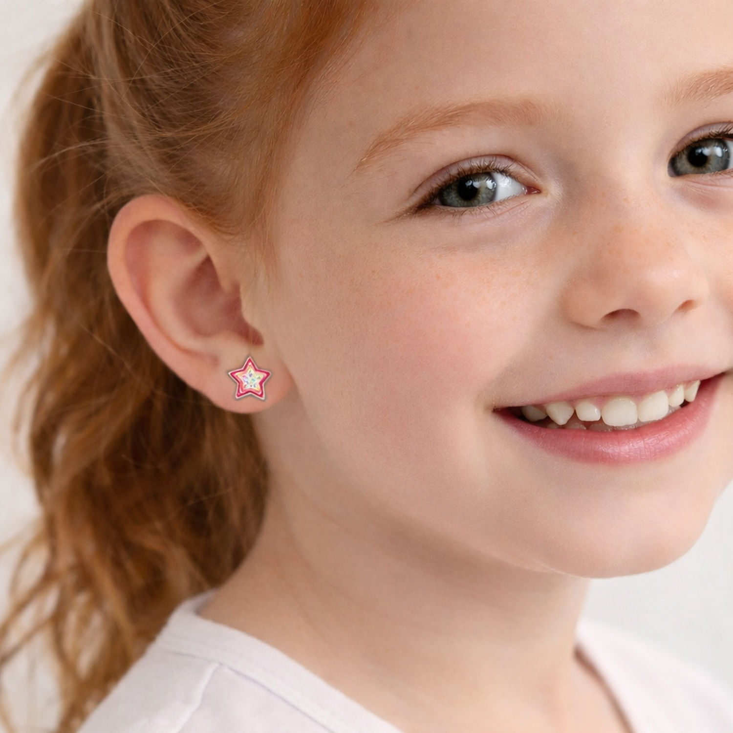 Melchior Jewellery Kids Sterling Silver Sparkly Star Stud Earrings worn by smiling child