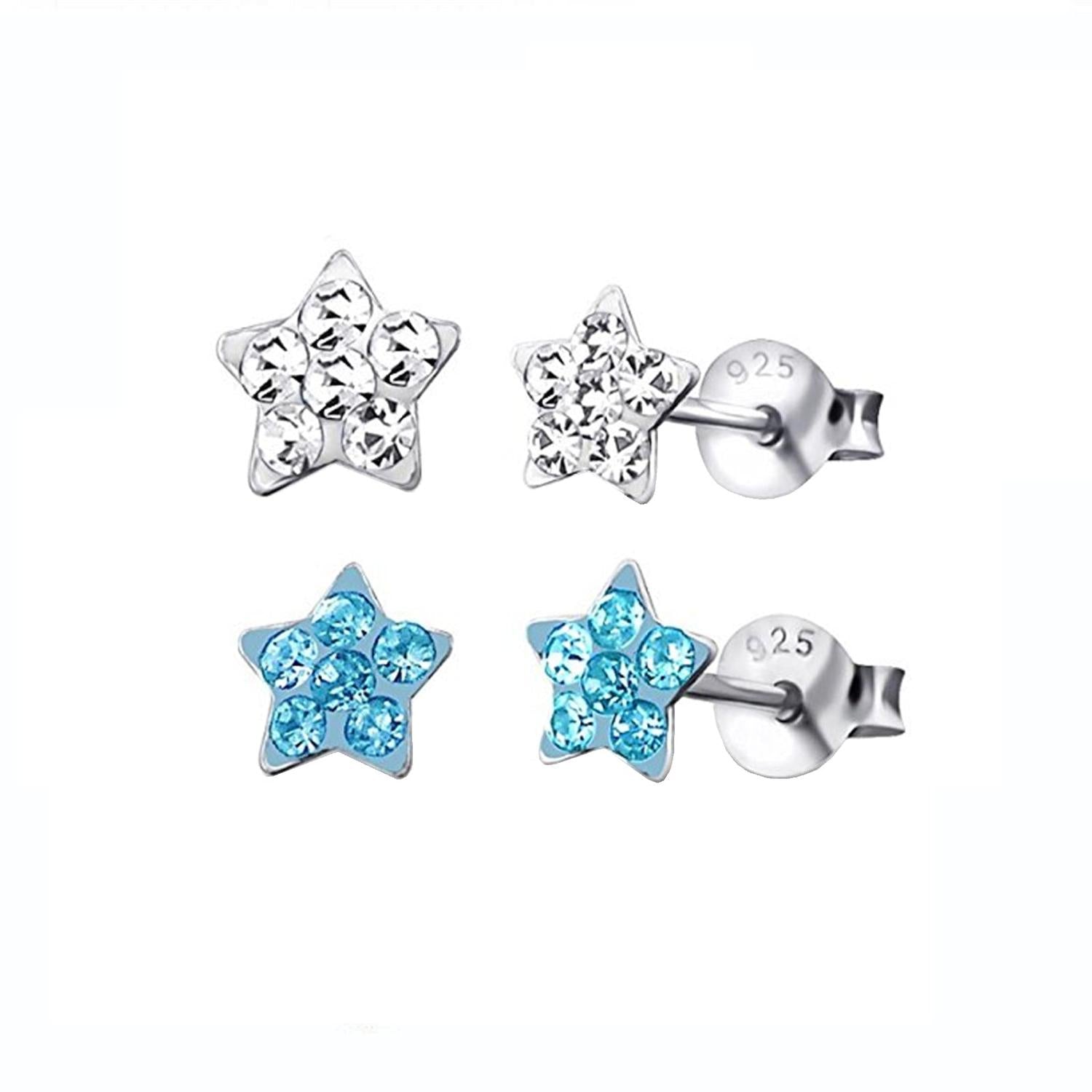 Sterling silver blue and clear crystal star earrings for children by Melchior Jewellery