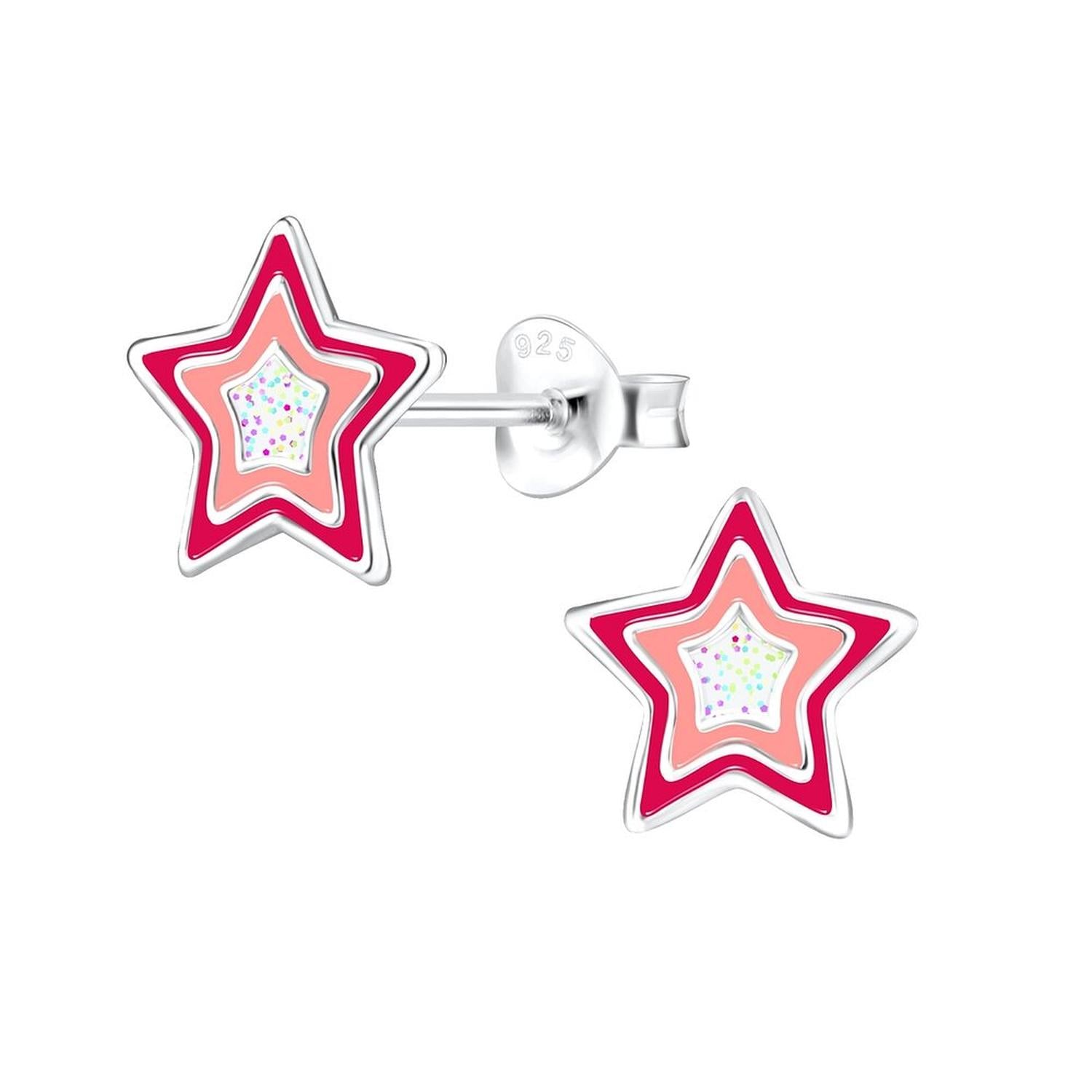 Kids Sterling Silver Sparkly Star Stud Earrings with pink and glitter detail by Melchior Jewellery