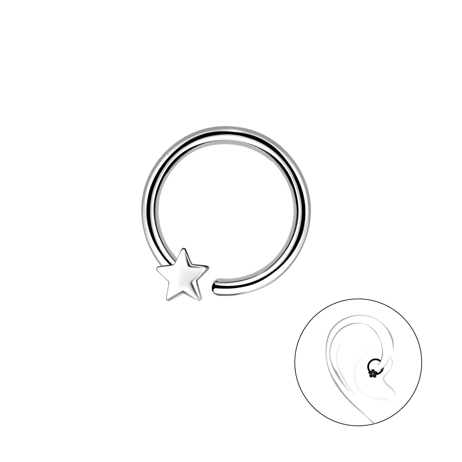 sterling silver Cartilage Helix Piercing Hoop with star detail for ear cartilage piercing