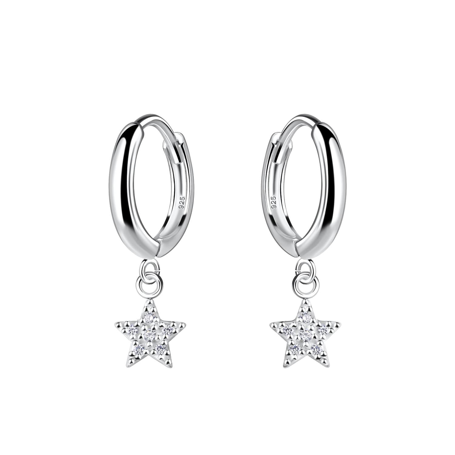 sterling silver Star On Huggie Hoop Earrings with sparkling star charms for women by Melchior Jewellery