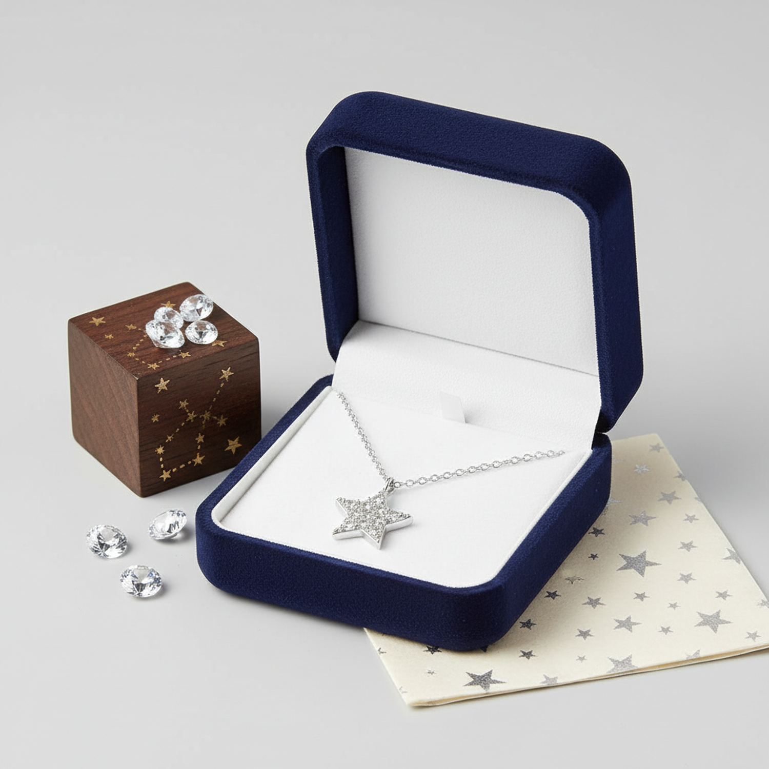 Sterling silver star necklace from Melchior Jewellery displayed in a navy blue velvet jewellery box