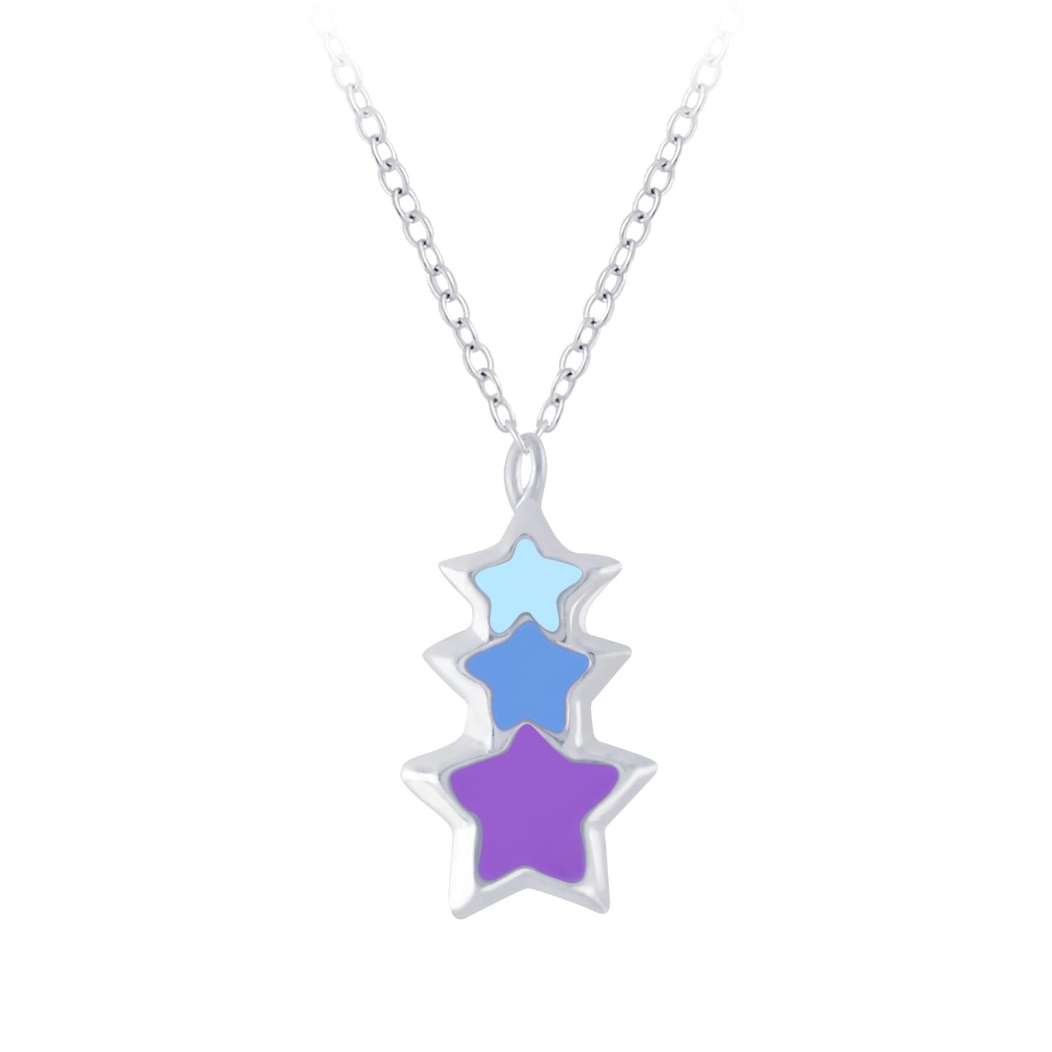 sterling silver Triple Star Childrens Necklace with blue and purple enamel stars for kids