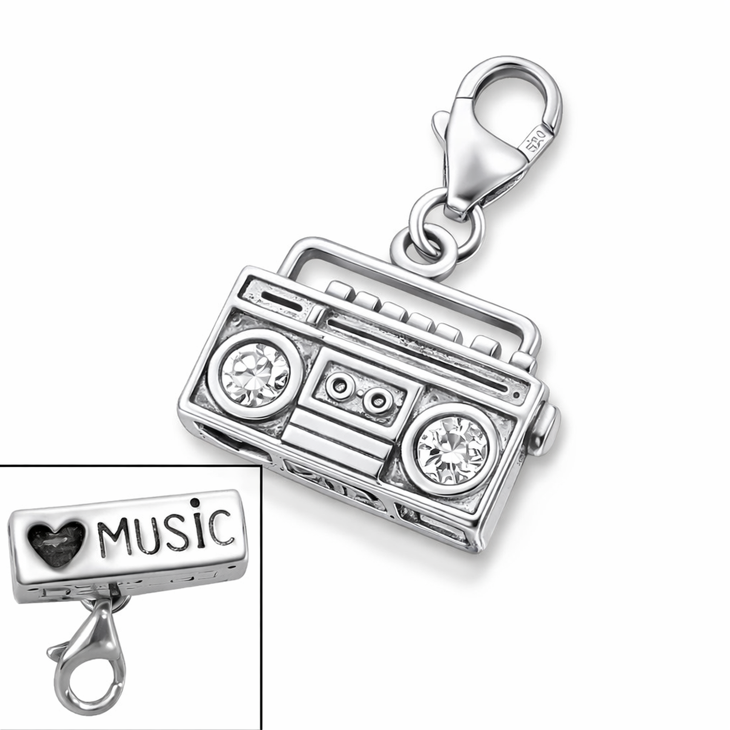 Sterling silver boom box charm clip on with sparkling stones and music engraving from Melchior Jewellery