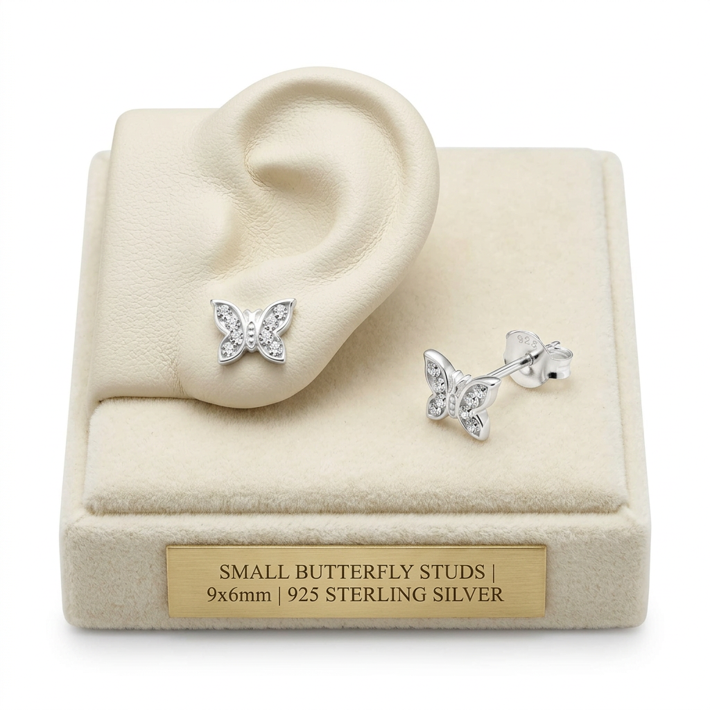 925 sterling silver butterfly stud earrings with small clear stones by Melchior Jewellery
