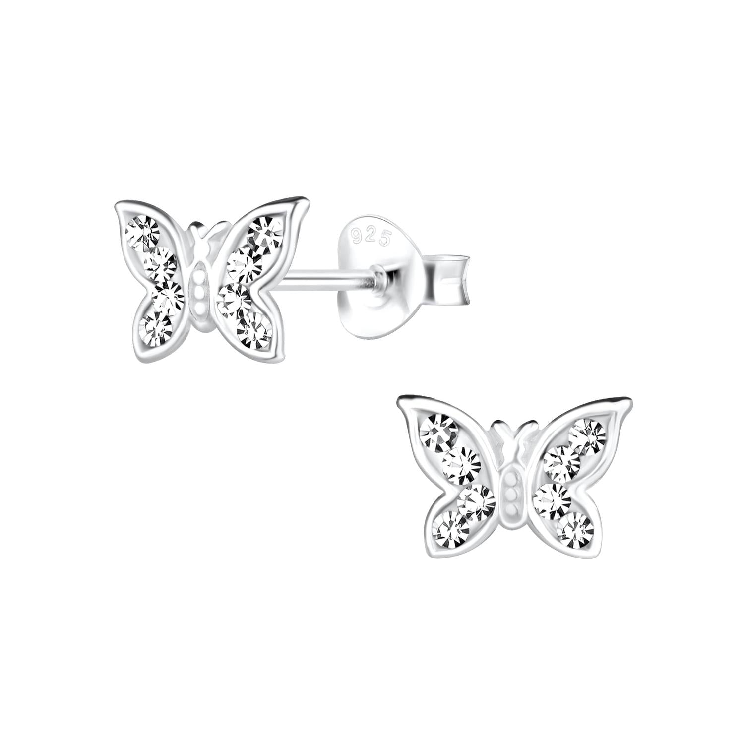 Sterling silver butterfly stud earrings with clear crystal accents for elegant everyday wear