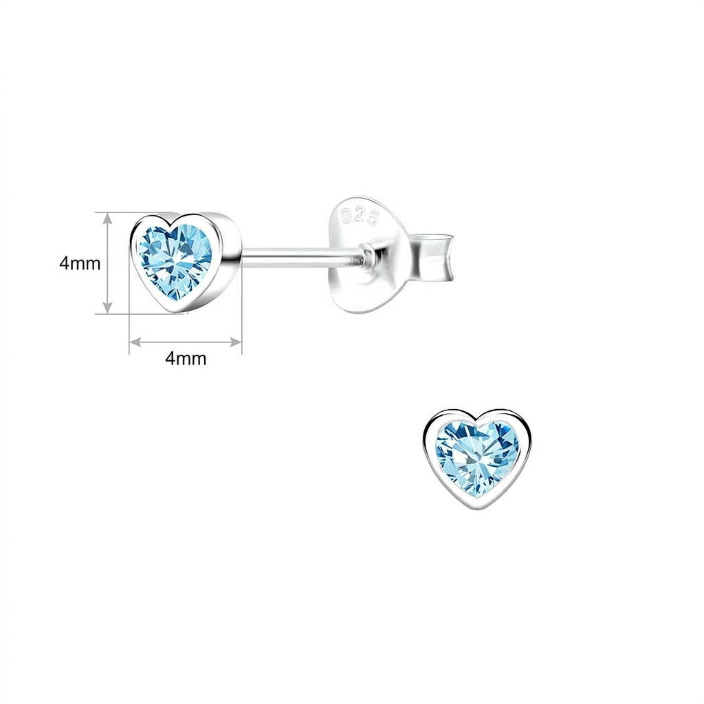 Sterling silver childrens aquamarine heart earrings with blue gemstone studs by Melchior Jewellery