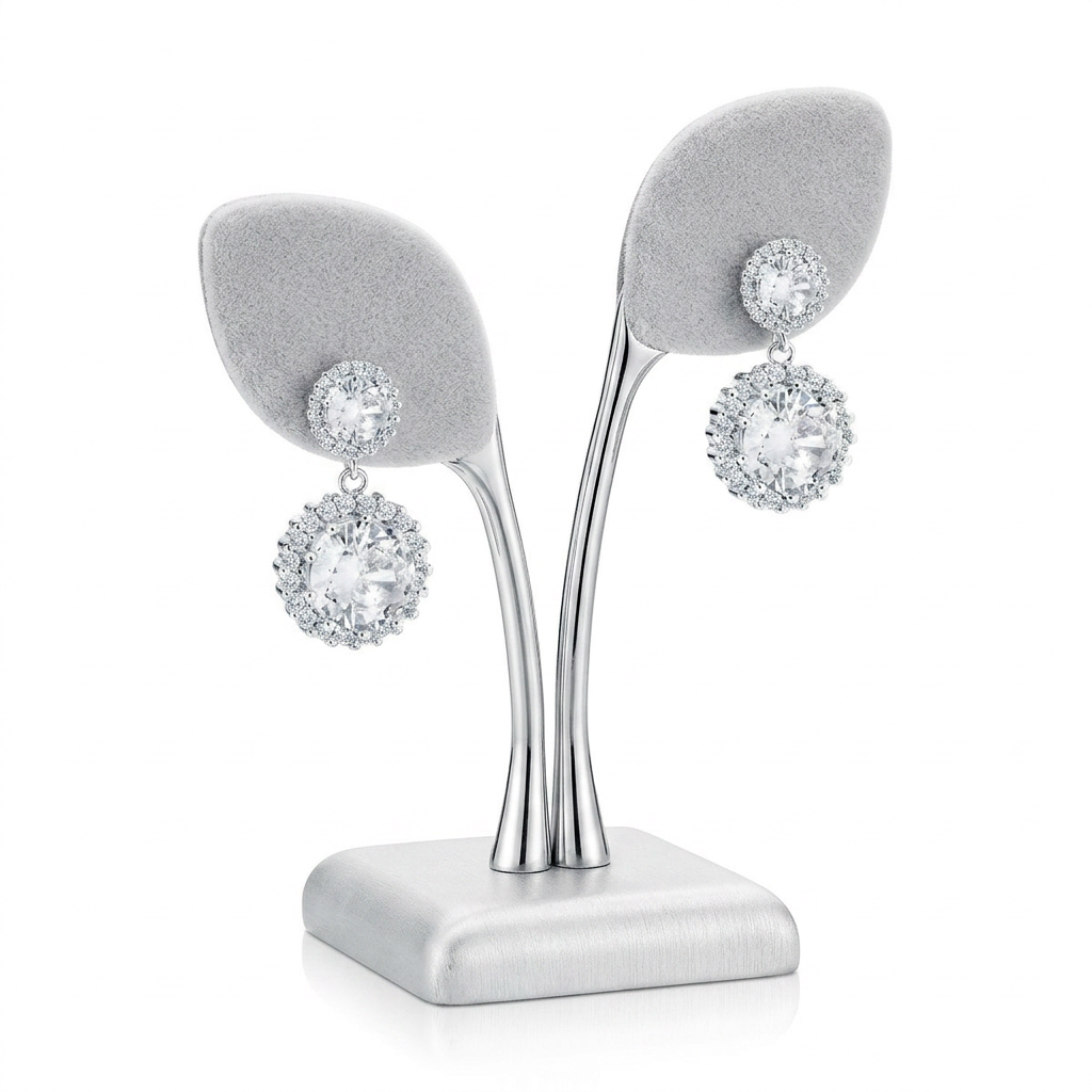 Sterling silver cubic zirconia drop earrings by Melchior Jewellery featuring sparkling clear stones on a silver stand