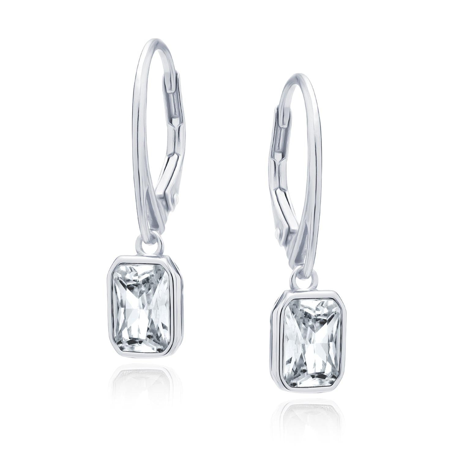Sterling silver CZ Drop Leverback Earrings with clear rectangular cubic zirconia for women