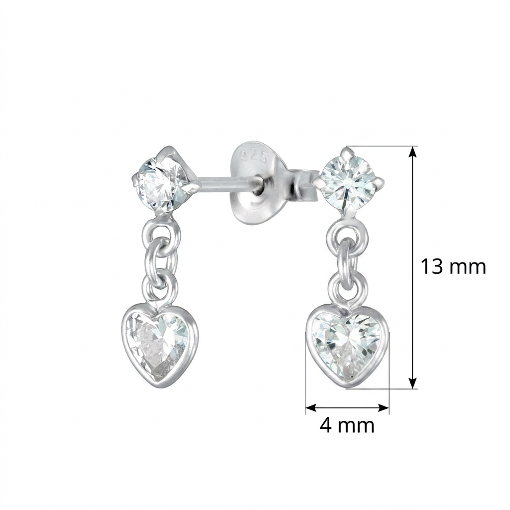 sterling silver CZ drop stud earrings for kids with heart-shaped cubic zirconia dangles
