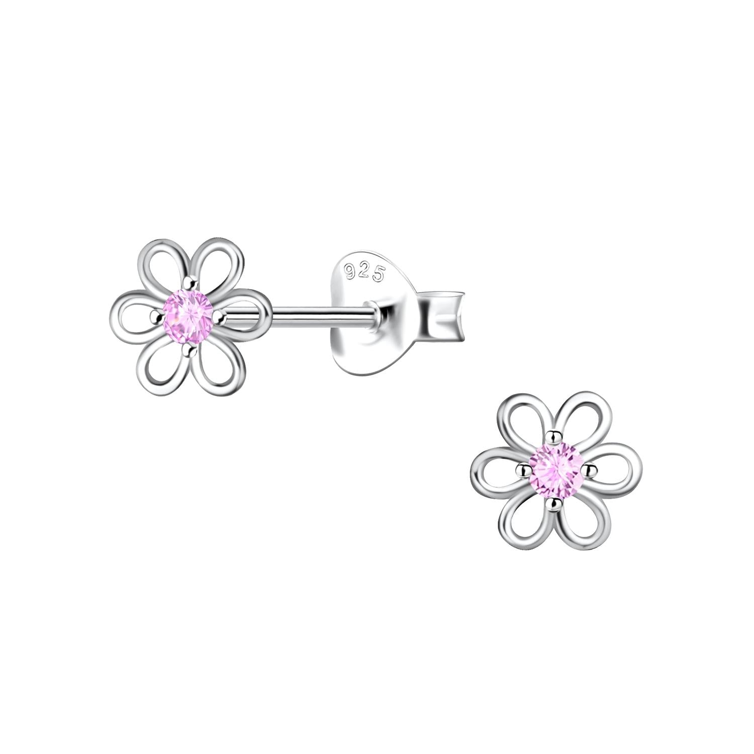 Sterling silver flower CZ stud earrings for kids with pink stones by Melchior Jewellery