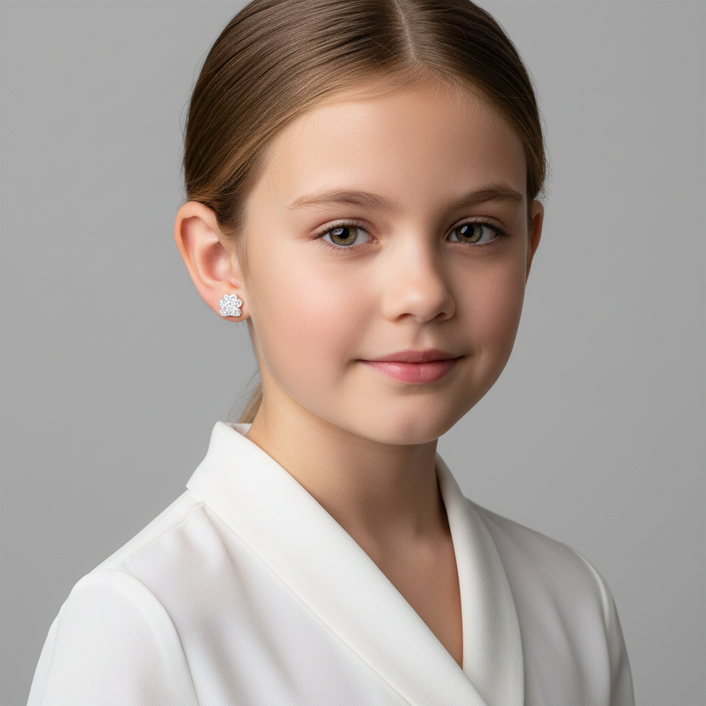 Melchior Jewellery sterling silver dog paw stud earrings worn by young girl with white top