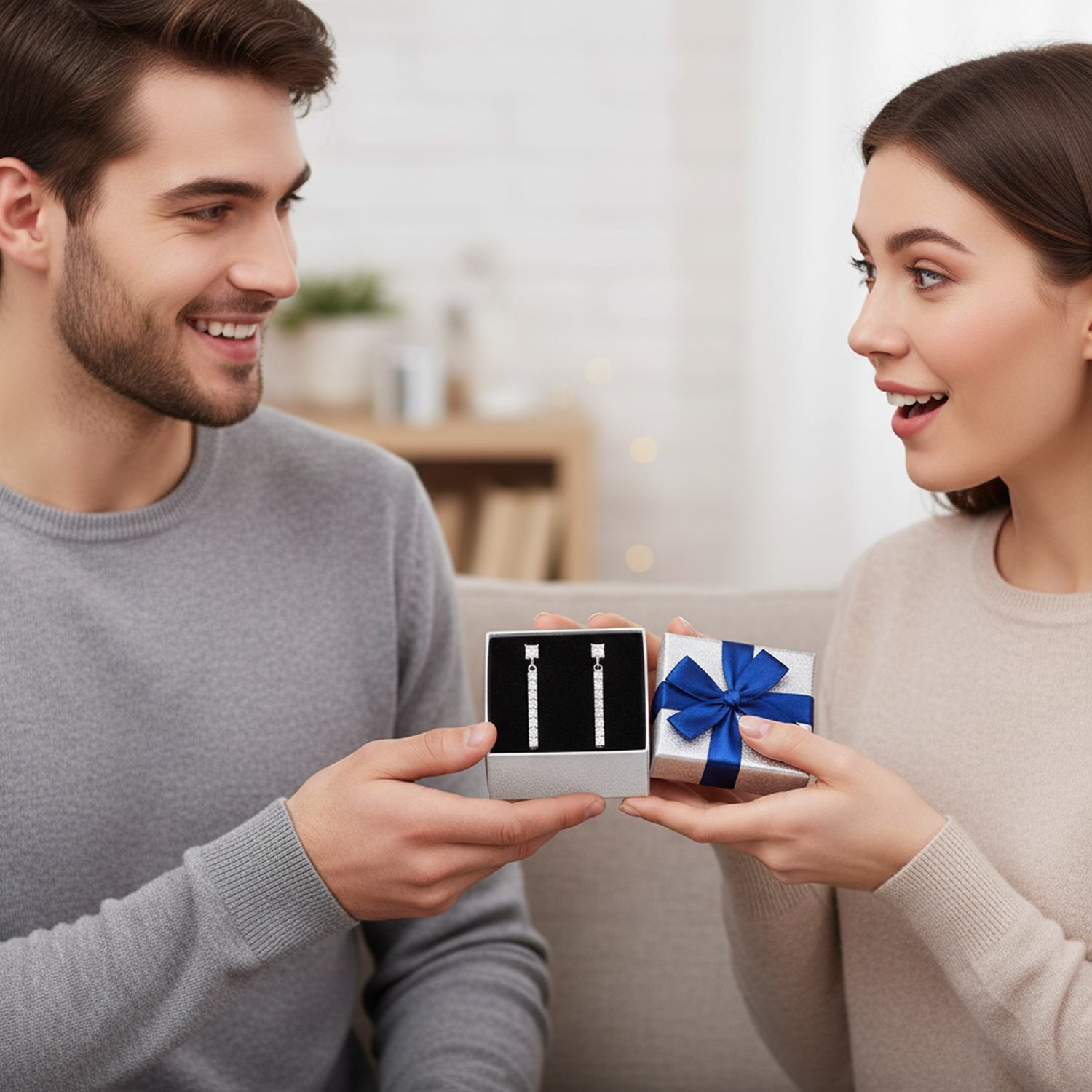 Sterling silver drop earrings presented in gift box being given to woman by man in casual clothes
