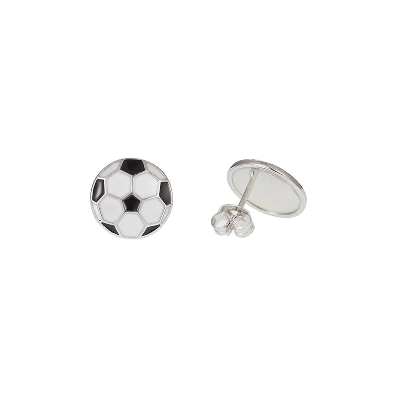 Melchior Jewellery sterling silver football stud earrings with black and white enamel detailing