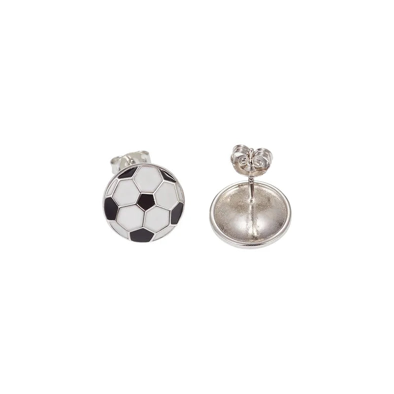 Melchior Jewellery sterling silver football stud earrings with black and white enamel design