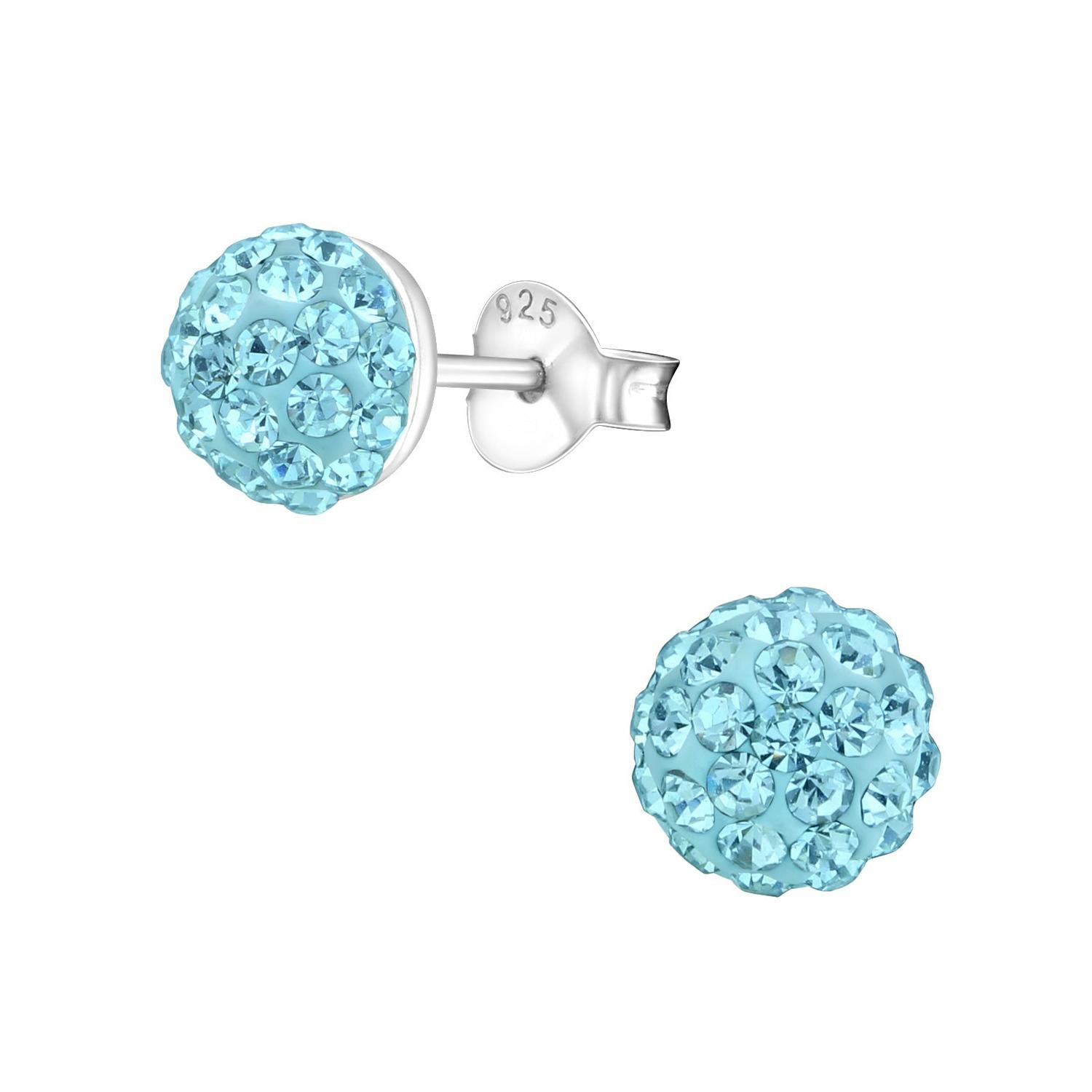 Sterling silver girls crystal ball stud earrings with blue crystals for children by Melchior Jewellery