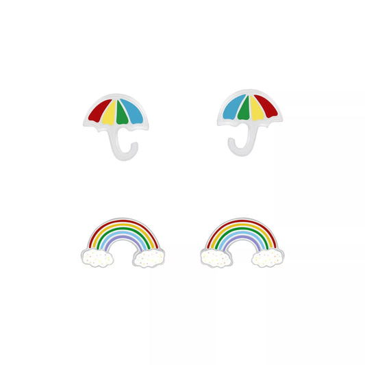 Melchior Jewellery sterling silver girls earrings rainbow and umbrella colourful stud set for children