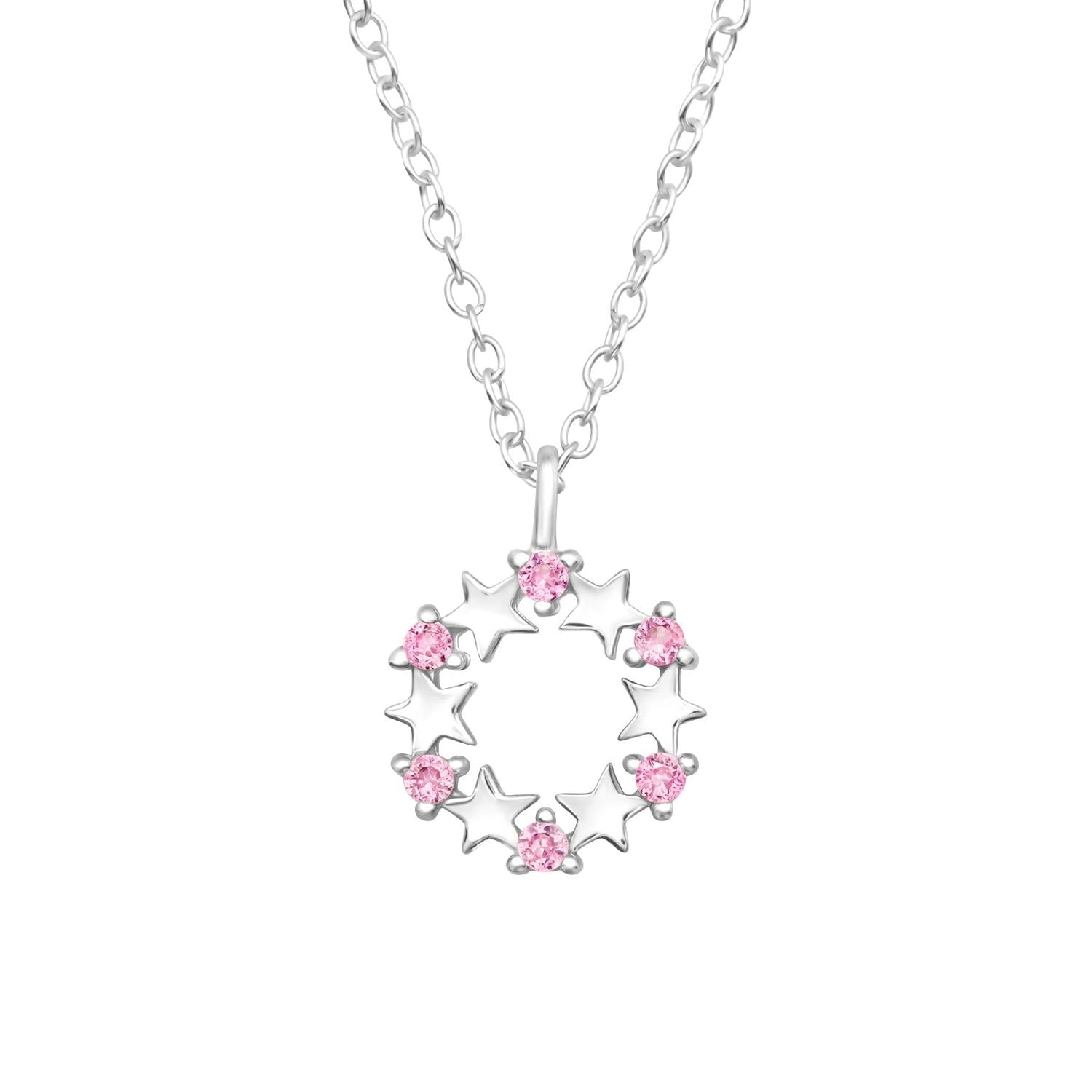 Sterling Silver Girls Jewelled Pink Stars Necklace with circular star design and pink stones