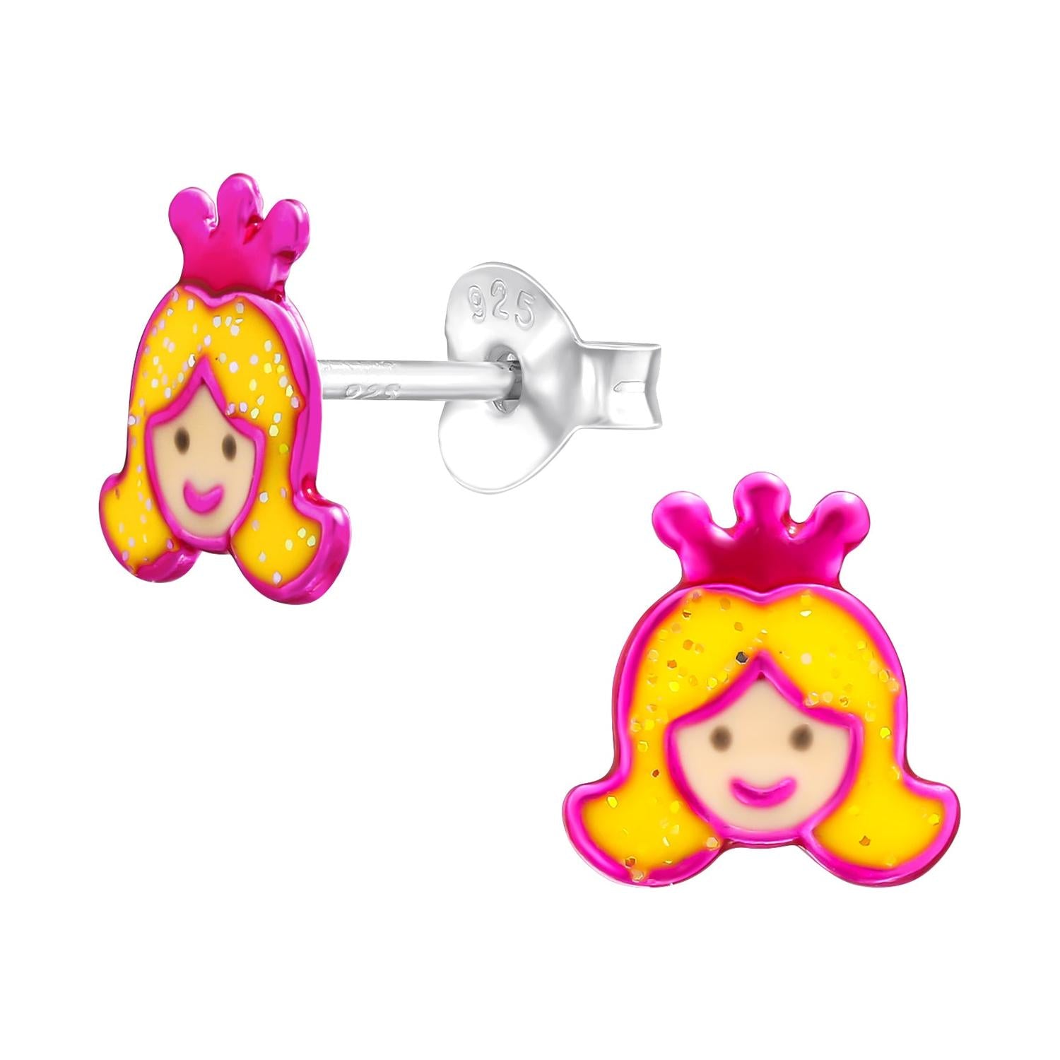 Sterling silver girls princess earrings with pink crown and yellow hair for young girls by Melchior Jewellery
