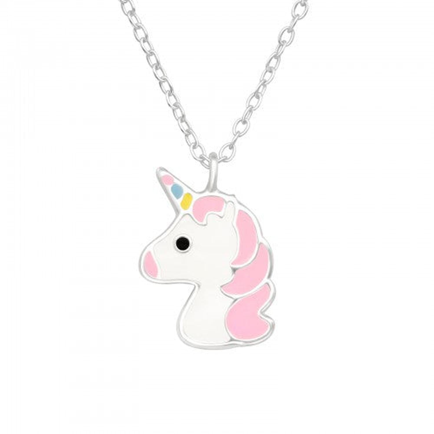 Sterling silver girls unicorn necklace with pink and blue enamel on delicate chain